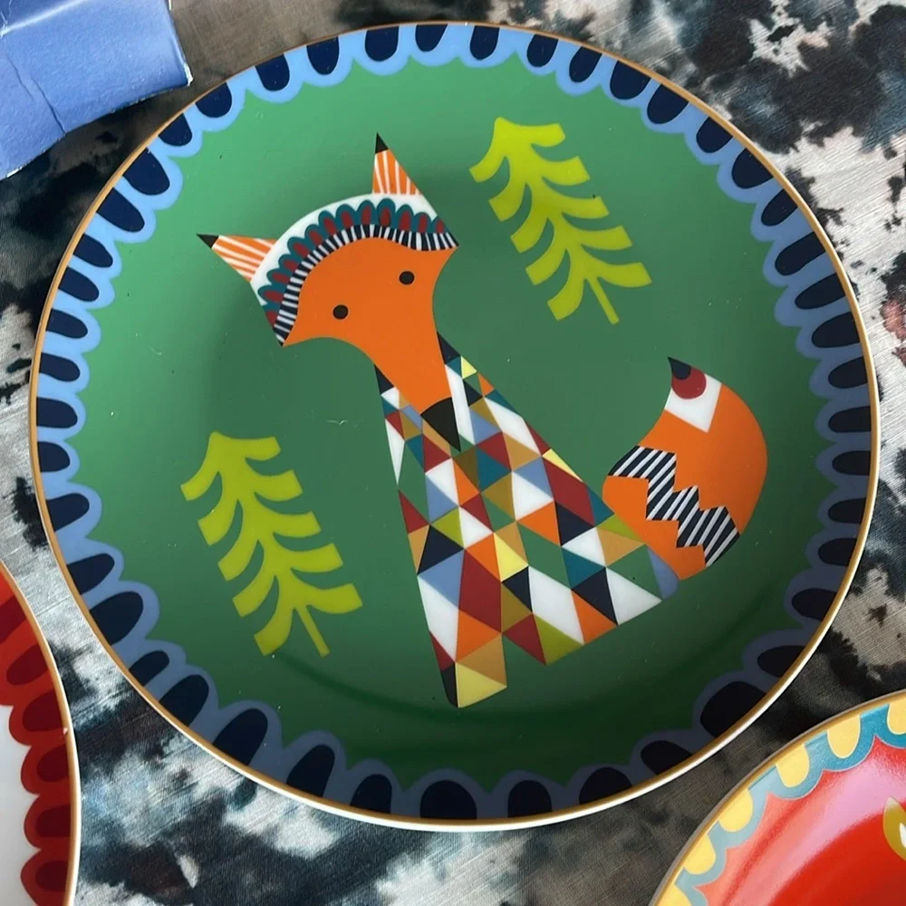 West Elm Animal Celebration Plates Set 3 Christmas Holiday 9” porcelain lama fox